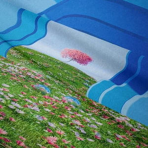 Vue détaillée de la texture du tissu et de l'impression paysage vibrante sur la tapisserie