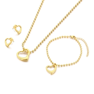 Golden stainless steel jewelry set featuring heart pendants and beaded chain necklace