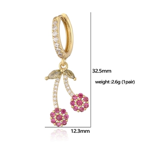 Pink crystal cherry earrings in gold finish with micro-pave white zircon hoops
