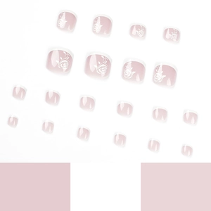 Französische Fußnägel zum Aufkleben mit weißen Rosen und nude-rosa Basis, 24 Stück