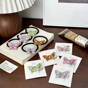 Pince À Cheveux Papillon Et Élastique Acétate Résine Texture Marbre Strass Élégant Queue De Cheval Clip Latéral