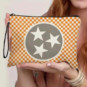 Checkerboard Stars Makeup Bag Fine Linen Zipper Pouch Travel Toiletry Organizer Portable Handbag For Women