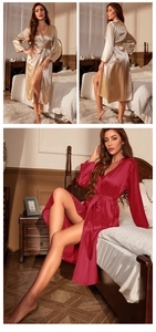 Detail of satin bathrobes in champagne and burgundy with waist tie and smooth texture