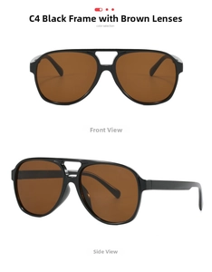 Front and side view of black frame aviator sunglasses with gradient brown lenses