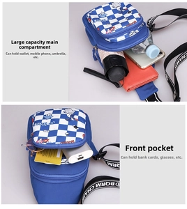 Detail view of blue checkered kids chest bag showing large capacity for umbrella and phone