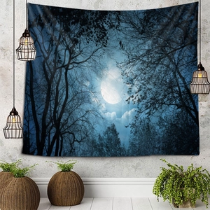 Close-up of moonlight forest tapestry fabric texture on a modern gray concrete wall