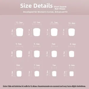 Detailed size chart for pink heart short square press-on nails with 12 measurement sizes