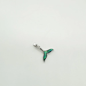 Whale tail pendant in silver finish with iridescent seashell inlay on white background