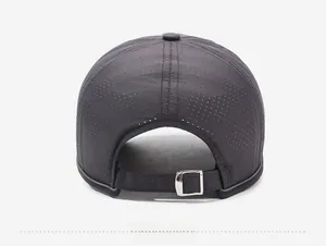 Detail view of quick-dry baseball cap with adjustable metal buckle and breathable mesh