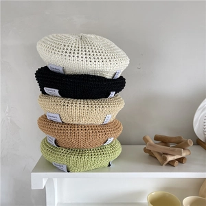 Women Straw Woven Beret Hat Hollow Breathable Korean Style Sun Protection Summer Adjustable Painter Hat
