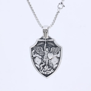 Punk vintage Archangel Michael silver shield pendant necklace in stainless steel