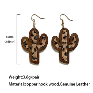 Western cactus earrings with brown wood frame and leopard print genuine leather inlay