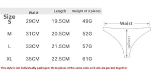 Size chart for seamless ice silk thongs showing waist and length measurements from S to XL