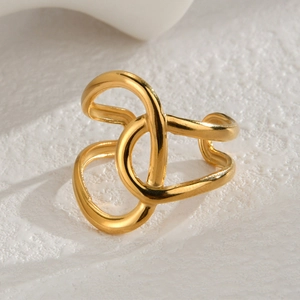 Minimalist gold geometric open ring featuring an irregular double-loop interwoven design