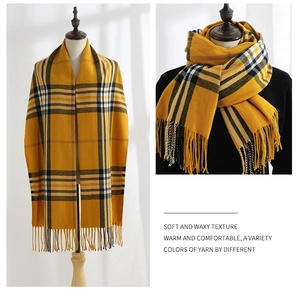 Detail showing soft cashmere-like texture and yellow checkered pattern with tassels