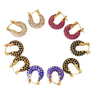 U-shaped hoop earrings with colorful cubic zirconia in a gold stainless steel setting