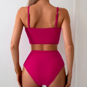 Two-piece rose red bikini set with adjustable straps and high waist bottom back view