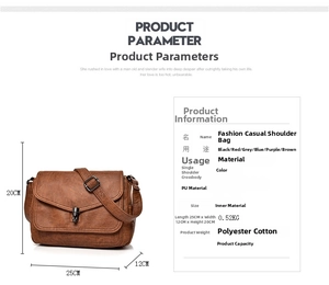 Detailed size chart and specifications for the brown PU leather shoulder bag
