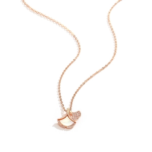 Rose gold ginkgo leaf necklace with white mother of pearl and pave cubic zirconia accents