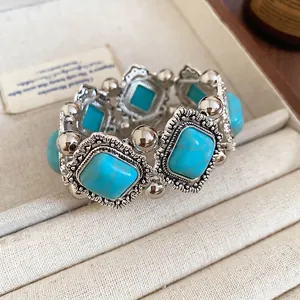 Vintage geometric rhombus elastic bracelet with turquoise stones and carved metal beads