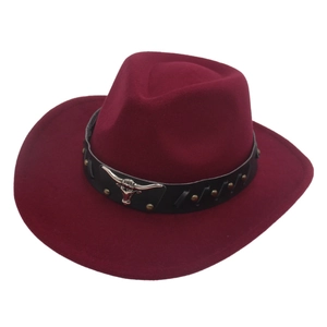 Macro shot of burgundy felt cowboy hat featuring a metal longhorn skull and leather band