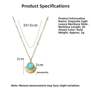 Detailed size chart for the gold necklace featuring a blue amazonite geometric pendant