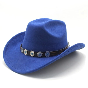 Detail of royal blue suede fedora featuring a leather band with ethnic silver studs
