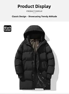 Detail view of the windproof hood and thick horizontal quilting on this black winter parka