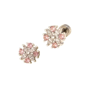Silver flower stud earrings with pink and white cubic zirconia crystals on white base