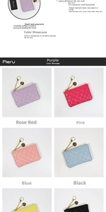 Close-up of quilted multi-color coin purses with gold metal hooks and brand logo tags