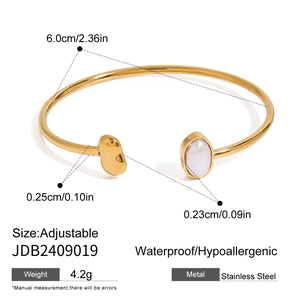 Adjustable stainless steel water drop open bangle with gold finish and white pearl inlay