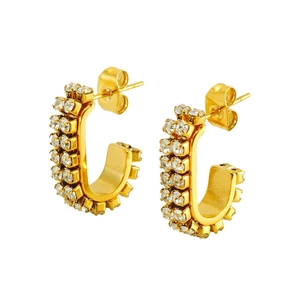 U-shaped gold stainless steel earrings with two rows of sparkling clear zircon stones