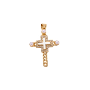 Golden cross pendant necklace with diamonds, white enamel inlay and elegant pearls