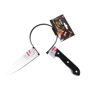 Detail of bloody chef knife headband for Halloween zombie costume props with retail card