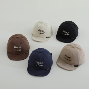 Set of 5 cotton toddler baseball caps with Good Luck smiley face embroidery in multi-colors
