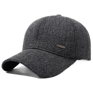 Winter men's dark gray wool baseball cap with ear flaps and metal side detail