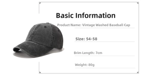 Detailed specs of retro washed baseball cap showing 80g weight and 54-58cm size