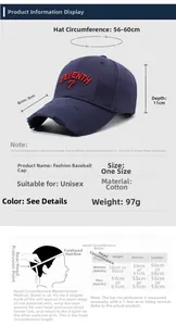 Size chart showing baseball cap dimensions and measurements for head circumference guide