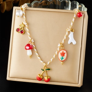 Sweet Pastoral Style Pendant Necklace Stainless Steel Woven Rope Gold Plated Cherry Mushroom Artificial Pearl Flower For Women