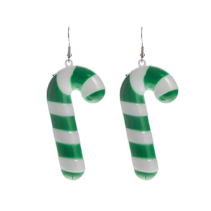 Detail of festive green and white striped candy cane drop earrings on white background