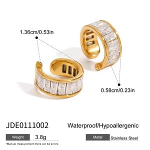 Gold stainless steel non-piercing earrings with cubic zirconia and size dimensions