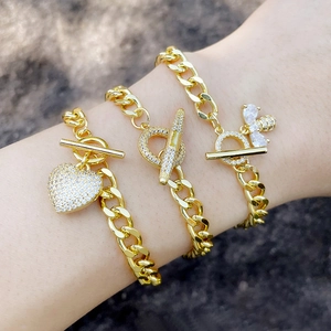 Cuban Link Chain Bracelet Copper 18K Gold Plated Pave Zirconia Heart Bee Toggle Clasp Hip Hop Jewelry For Women