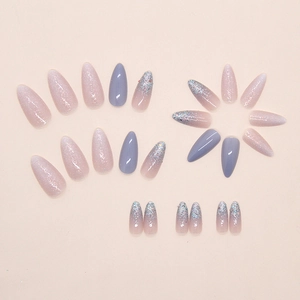 Sparkly mist blue and pink gradient almond press-on nails set for elegant women manicure