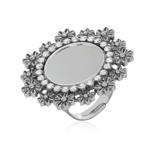Bohemian silver floral ring with rhinestones and adjustable band on white background