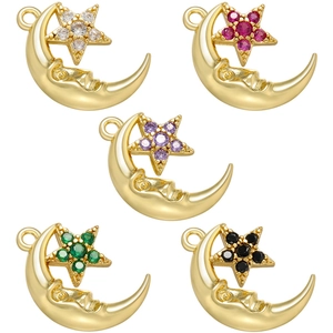 Celestial Star Moon Pendant Charm Micro Pave Cubic Zirconia Gold Plated Brass For DIY Jewelry Making Accessories