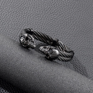 Men's punk double skull head stainless steel wire open bangle in black finish