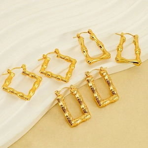 Boucles D'oreilles Créoles Vintage Nœud De Bambou Acier Inoxydable Plaqué Or 18K Géométrique Losange Carré Forme U Pour Femmes