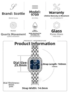 Infographie détaillée des spécifications de la montre quartz femme Scottie 9709 en acier