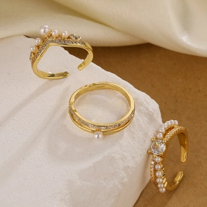 Elegant Open Adjustable Geometric Ring Copper Gold Plated With Zircon And Imitation Artificial Pearl Chic Jewelry Accessory For Women
