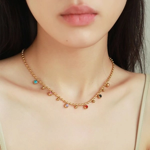 Chic 18k gold plated titanium steel necklace with colorful enamel bean pendants for women